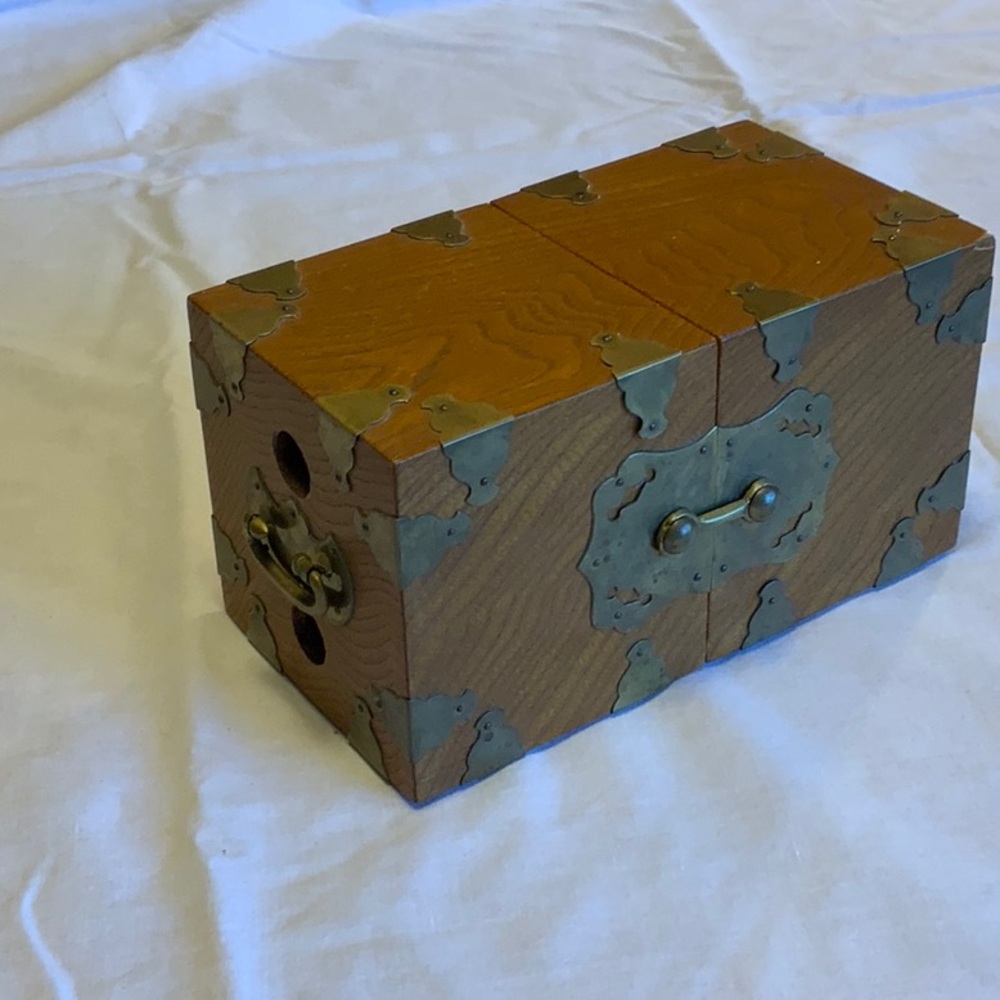 Korean Wood and Brass Jewelry Box with 4 Square Velveteen Lined Drawers